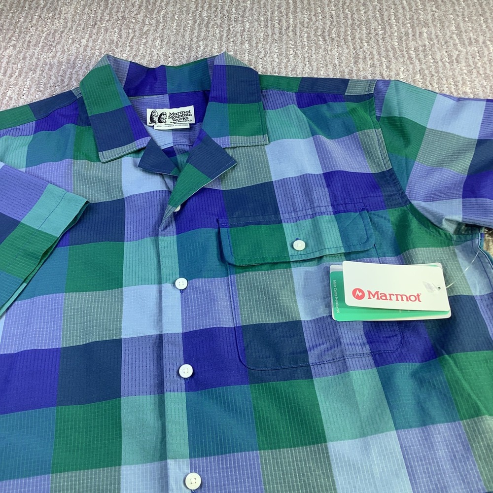 Marmot Muir Camp Novelty SS Shirt M Trail‎ Blue Charlie Plaid Short Sleeve NWT